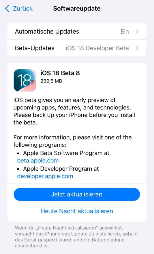 永川苹果手机维修分享苹果 iOS / iPadOS 18 开发者预览版 Beta 8 发布 